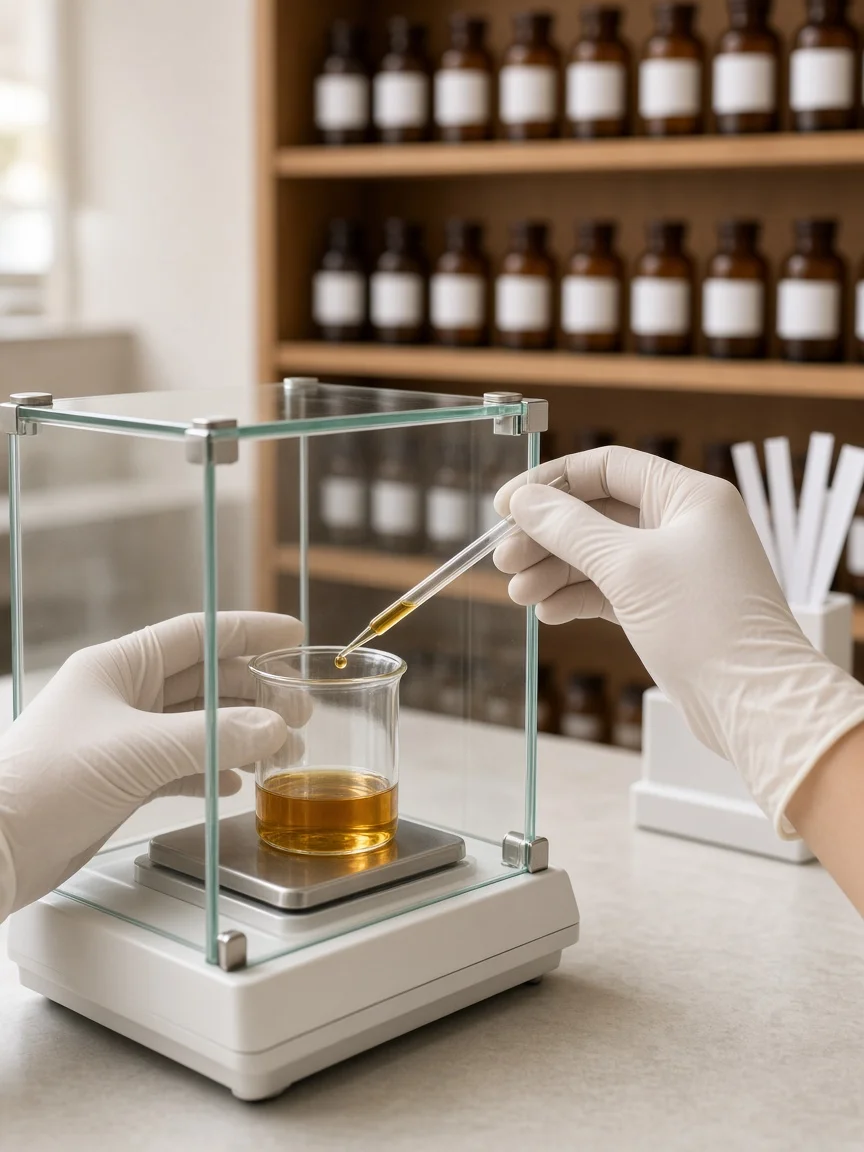 A perfumer weighing a formula on a precision balance